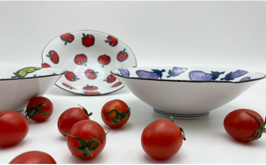 有田焼 野菜畑のボウルセット【ミニトマト・そら豆・なす
