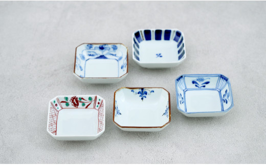 皓洋窯 有田焼 隅切小皿絵変わり5点セット 5枚 正方形 取り