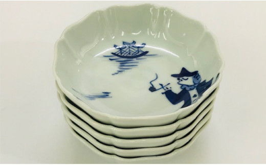 青花 船と異人シリーズ 絵変り八方割小鉢5個セット 小島芳