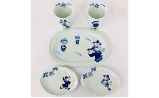 青花 幸せを運ぶクローバーと異人たちの5点セット 小島芳