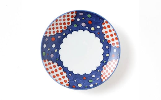 源右衛門窯 染錦間取水玉 銘々皿 ケーキ皿 デザート皿 ポッ