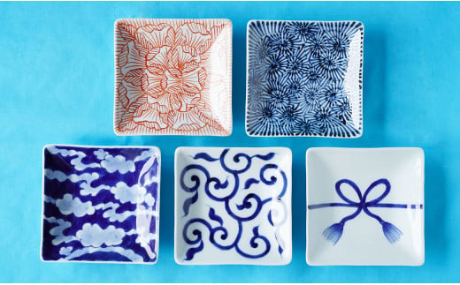 染錦正角皿五柄揃 5枚セット 神田陶器店 A35-251