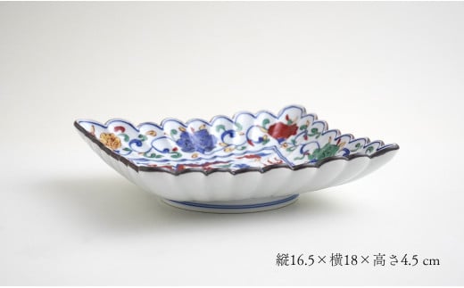 有田焼 福泉窯 菊割長角皿 / 染錦花唐草双龍絵 青龍 赤龍 縁