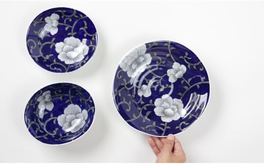 有田焼 泰山 牡丹唐草 なぶり大皿・鉢・中皿 3点セット 食