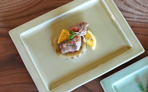 金善製陶所 21cm リム長角プレート 黄磁・天龍青磁 2枚 セッ