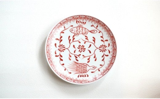 有田焼 魚鳥文中皿 【 香蘭社 】 赤絵 シリーズ 手描き 17cm 