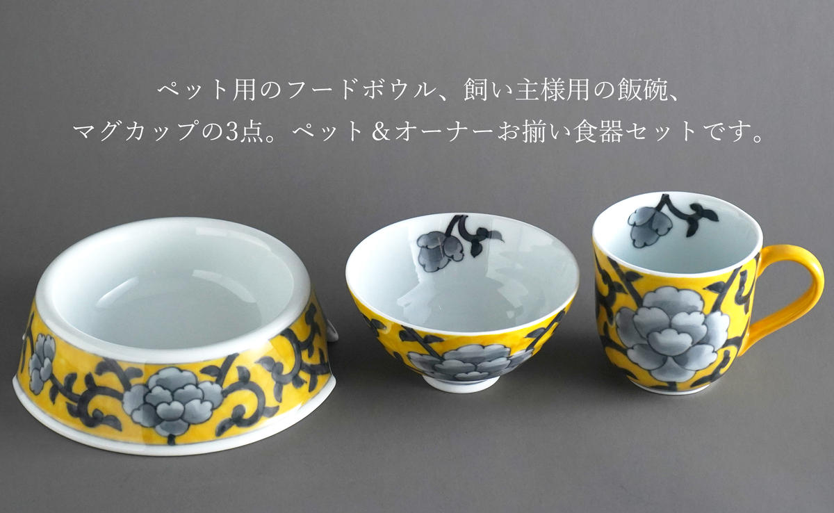 有田焼 ペットとお揃いの器 3点 セット 牡丹唐草(黄) 【泰山