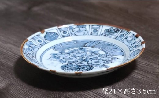 有田焼 渕錆藍椿縁紋様図 21cm 皿 ～華一園シリーズ～【西山