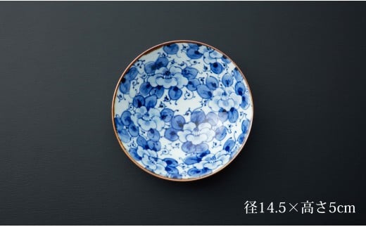 有田焼 渕錆染付 総手描き 花唐草絵平飯碗 ～華一園シリー