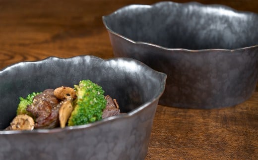 有田焼 15cm オーバルボウル(H) 桔梗渕 黒サビ絞り マット 2点