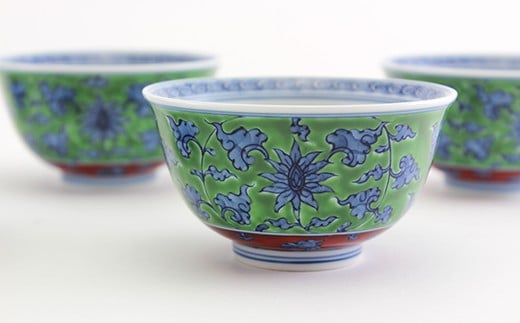 源右衛門窯 緑彩唐草 湯呑 食器 茶呑 5個セット 有田焼 A260-1