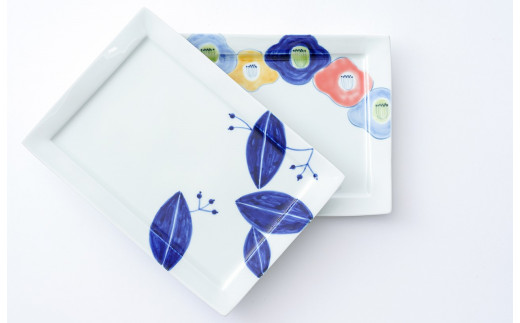 有田焼 長角トレイ hanahanaと染付リーフの2枚セット 大慶 A24-