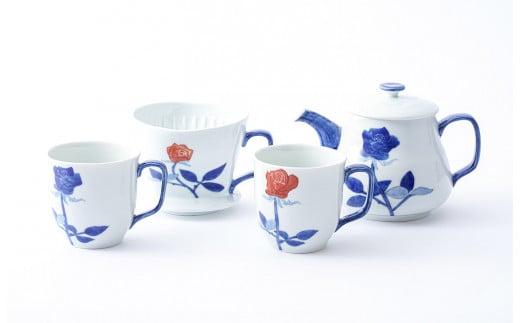 有田焼 バラ絵 大ドリッパー＆大ポット＆マグカップのペア