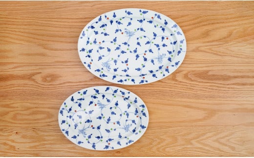 有田焼 唐草うさぎリム楕円皿/大・小セット【藍土】 A55-60