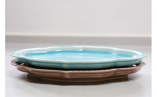 有田焼 春秋彫 色釉変形フラットプレート ペアセット 大慶 