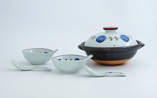 有田焼 染錦丸紋つなぎ 8号土鍋セット にっこり2人用【金照