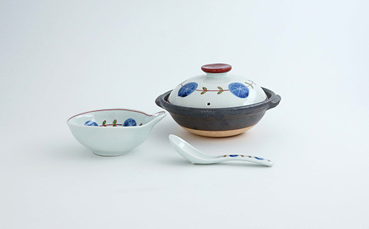 有田焼 染錦丸紋つなぎ 6.5号土鍋セット ほっこり1人用 金照