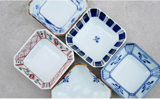 皓洋窯 有田焼 隅切小皿絵変わり5点セット 5枚 正方形 取り