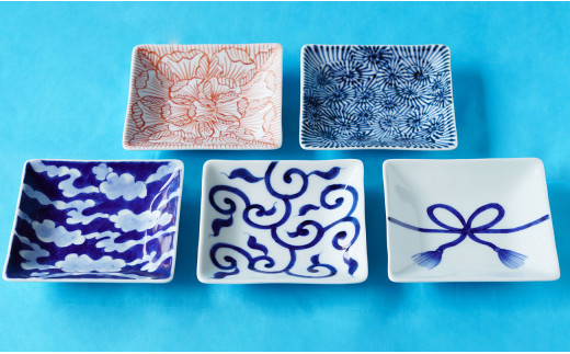 染錦正角皿五柄揃 5枚セット 神田陶器店 A35-251