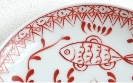 有田焼 魚鳥文中皿 【 香蘭社 】 赤絵 シリーズ 手描き 17cm 