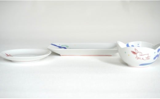 有田焼 波うさぎうつわ3点セット 【香蘭社】 赤絵 染付 シ