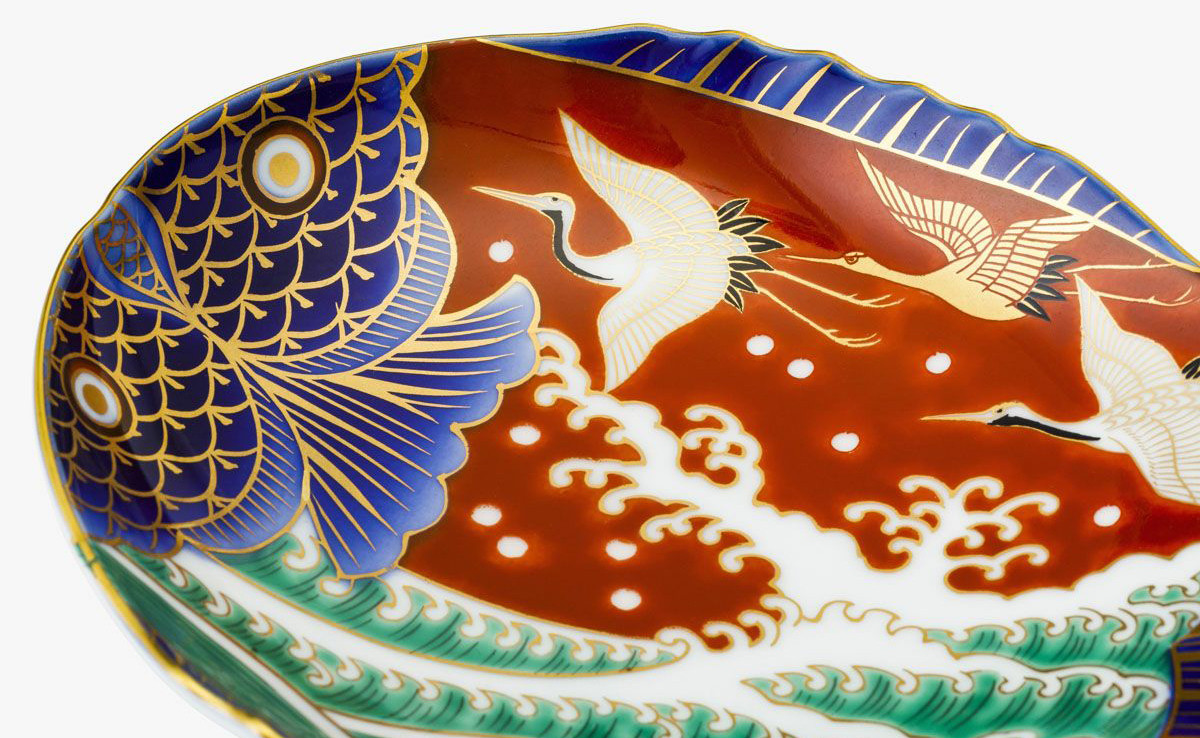 深川製磁 有田焼 染錦手波鶴紋 ペア魚型皿 めでたい 職人 繁栄 