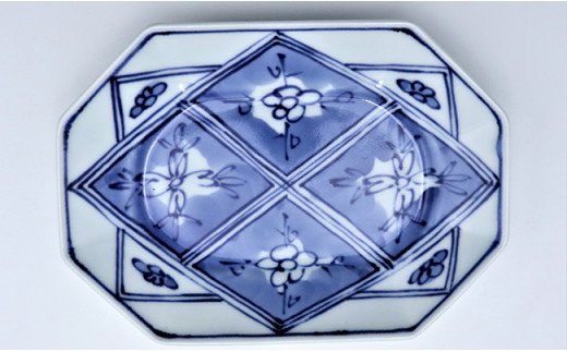 有田焼 青花 長八角取皿 格子紋2枚 あや千 皿 食器 うつわ 