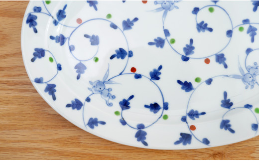 有田焼 唐草うさぎリム楕円皿/大・小セット【藍土】 A55-60