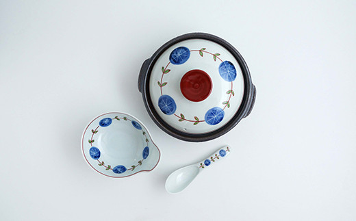 有田焼 染錦丸紋つなぎ 6.5号土鍋セット ほっこり1人用 金照