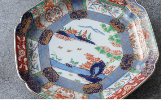 有田焼 【復刻古伊万里】 錦色絵六角口変り皿 21cm 【大慶】