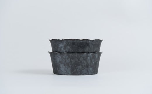 有田焼 15cm オーバルボウル(H) 桔梗渕 黒サビ絞り マット 2点