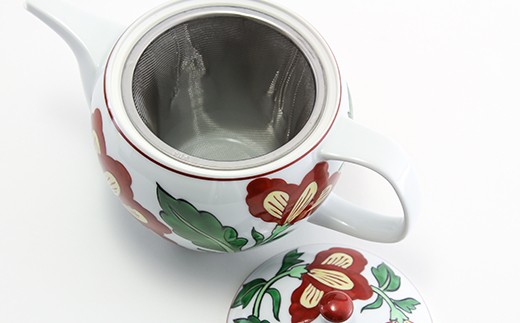 源右衛門窯 赤絵更紗唐花文 後手急須 食器 お茶ポット 急須