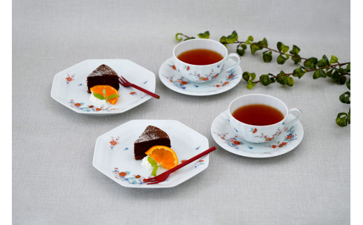 有田焼 色絵花鳥紋 ペア紅茶碗皿・ケーキ皿【深川製磁】食