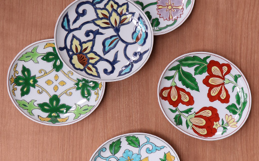 源右衛門窯 赤絵更紗唐花紋 皿 No.4 緑 器 食器 ケーキ皿 飾