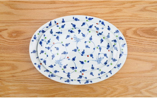 有田焼 唐草うさぎリム楕円皿/大・小セット【藍土】 A55-60