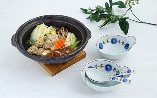 有田焼 染錦丸紋つなぎ 8号土鍋セット にっこり2人用【金照