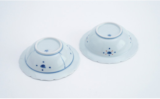 有田焼 13cm 輪花小鉢 2柄セット【福珠窯】染付芙蓉手双鹿図