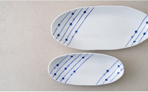 有田焼 染付 楕円皿 すだれ十草 大・小セット 【やきものの