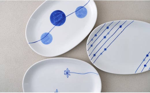 有田焼 染付 楕円皿 3柄セット（すだれ十草・ゆらぎ花・ゆらぎ2色玉だ