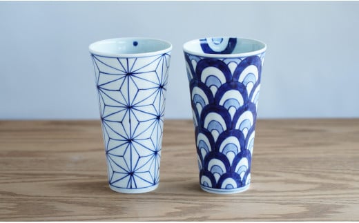 有田焼 面取タンブラー ペアセット 麻の葉＆二色青海波【