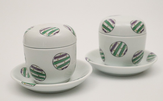 工房 賜光窯 有田焼 丸紋 台付ペア ナツメ蒸碗 A18-214