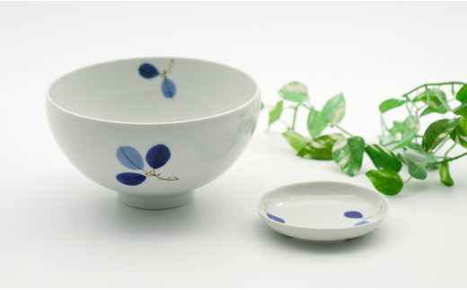 有田焼 染付葉紋 丼（麺鉢）＋豆小皿 深海三龍堂 A17-3