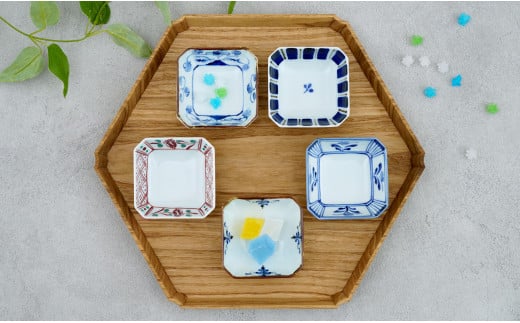 皓洋窯 有田焼 隅切小皿絵変わり5点セット 5枚 正方形 取り
