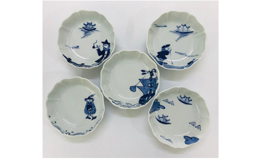青花 船と異人シリーズ 絵変り八方割小鉢5個セット 小島芳