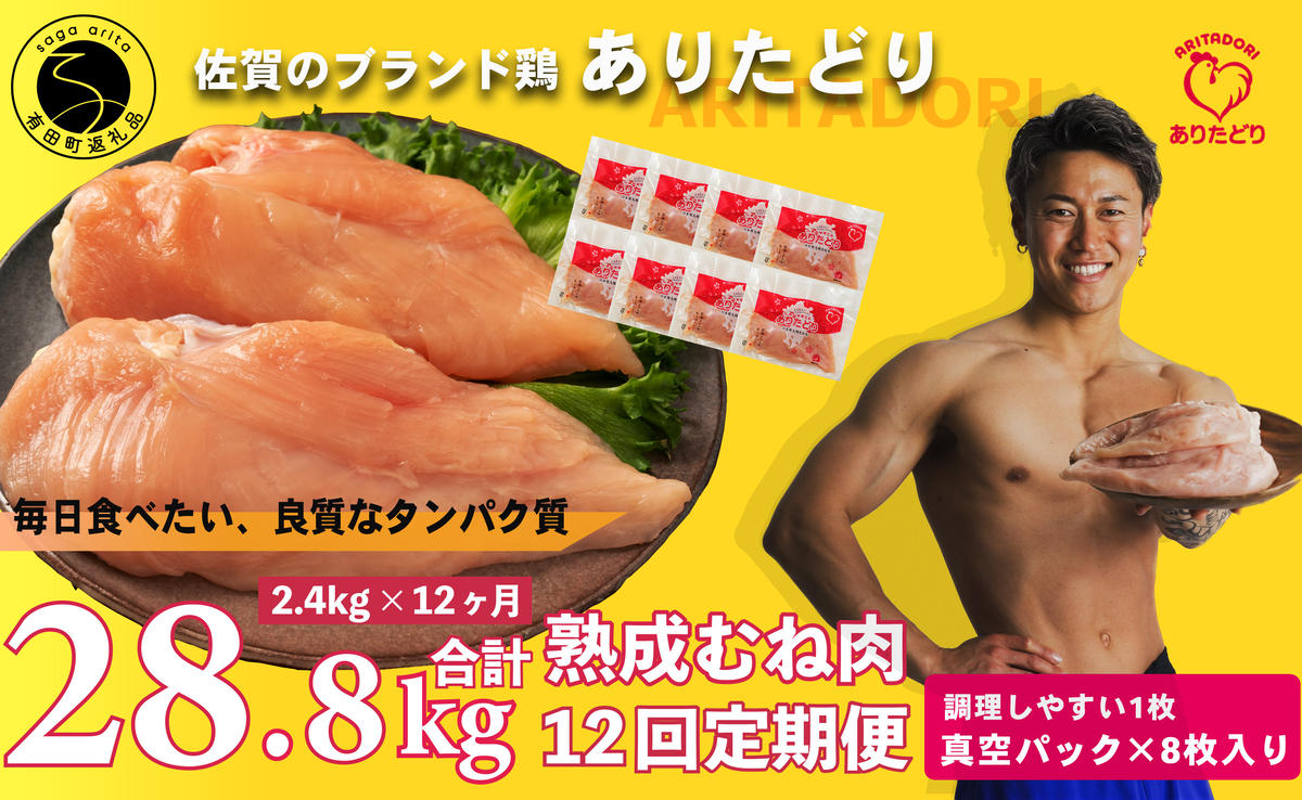 【12回定期便 総計28.8kg】 ありたどり 熟成むね肉 計2.4kg (300g