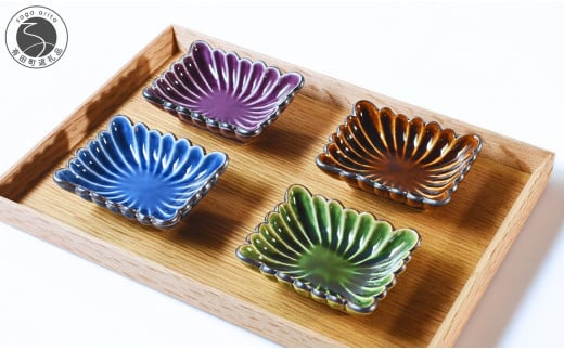 有田焼 菊形角小皿 4色セット（ルリ釉・飴釉・織部釉・紫