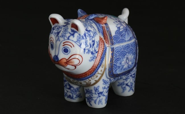 有田焼 禁裡御用（宮内庁）窯元 辻精磁社 染錦 未草文 犬筥