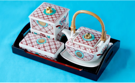 錦地紋万歴調味料セット 神田陶器店 A40-100