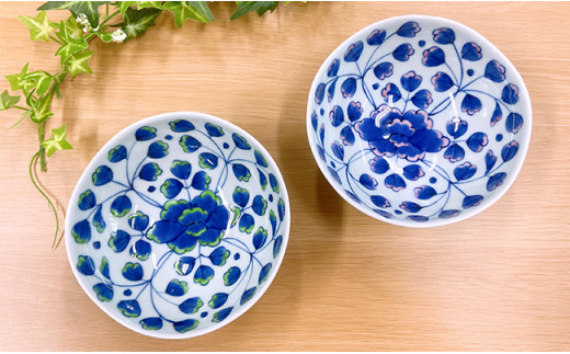 そうた窯 染錦緑彩牡丹・ピンク彩牡丹のボウル 2色ペアセ