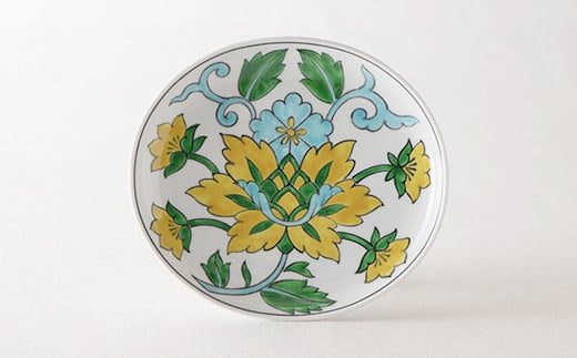 源右衛門窯 赤絵更紗唐花紋 皿 No.1 黄 器 食器 ケーキ皿 飾